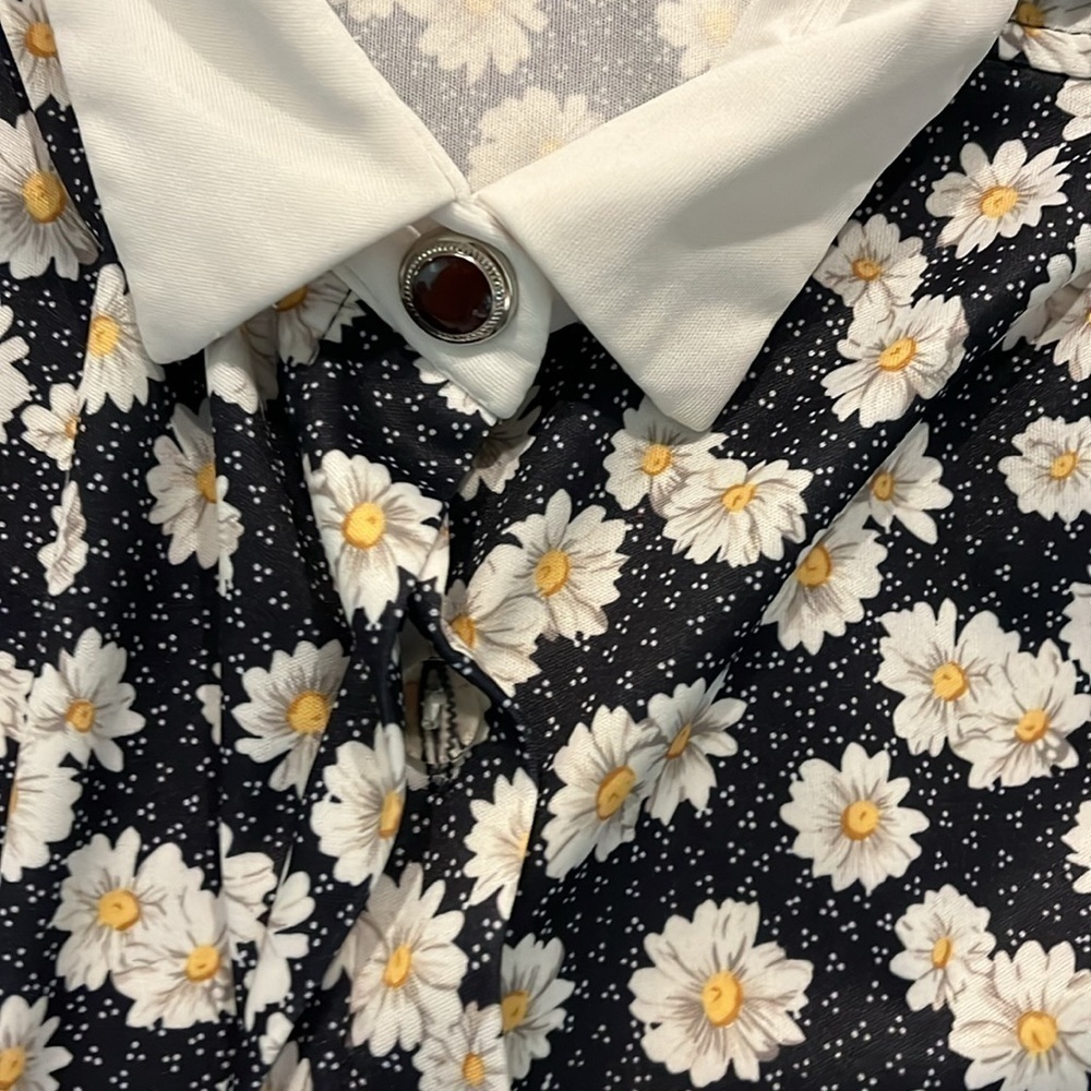 Vintage Tabby California Daisy Print Button Front Elbow Sleeve Collar Dress L - Picture 4 of 8